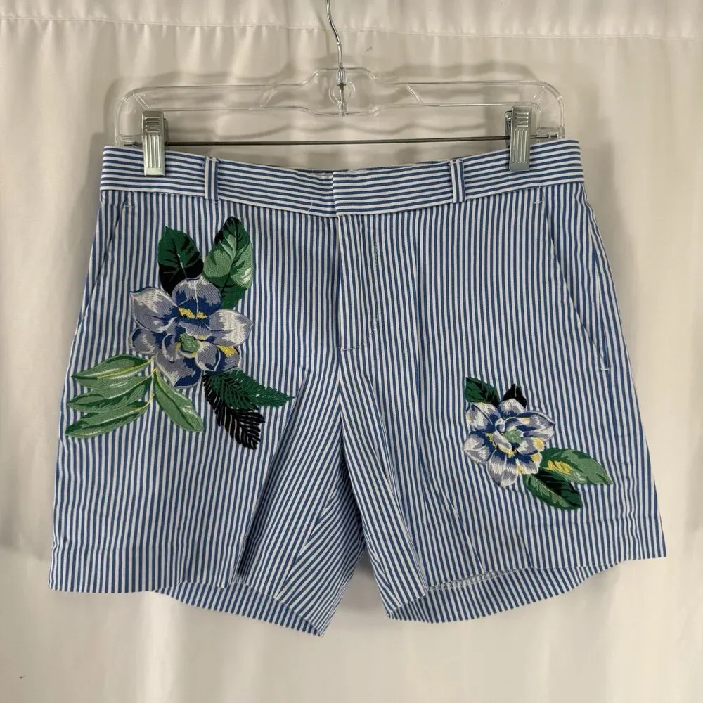 Banana Republic Shorts Women's 2 Blue White Striped Floral Embroidered Pockets - Picture 1 of 8